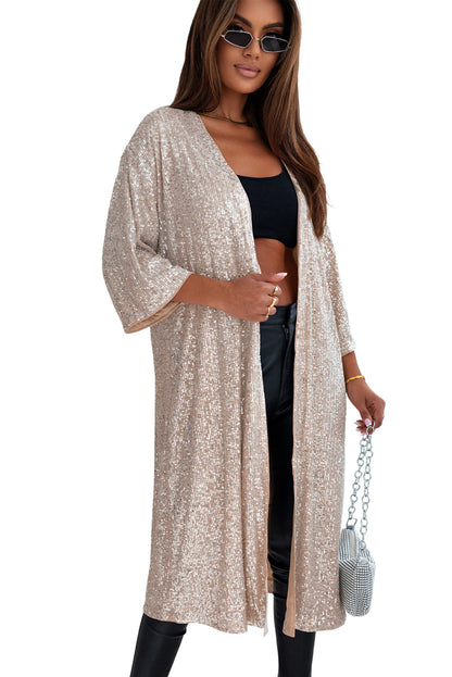 Abrikoos pailletten 3/4 mouw open voorkant Duster Kimono