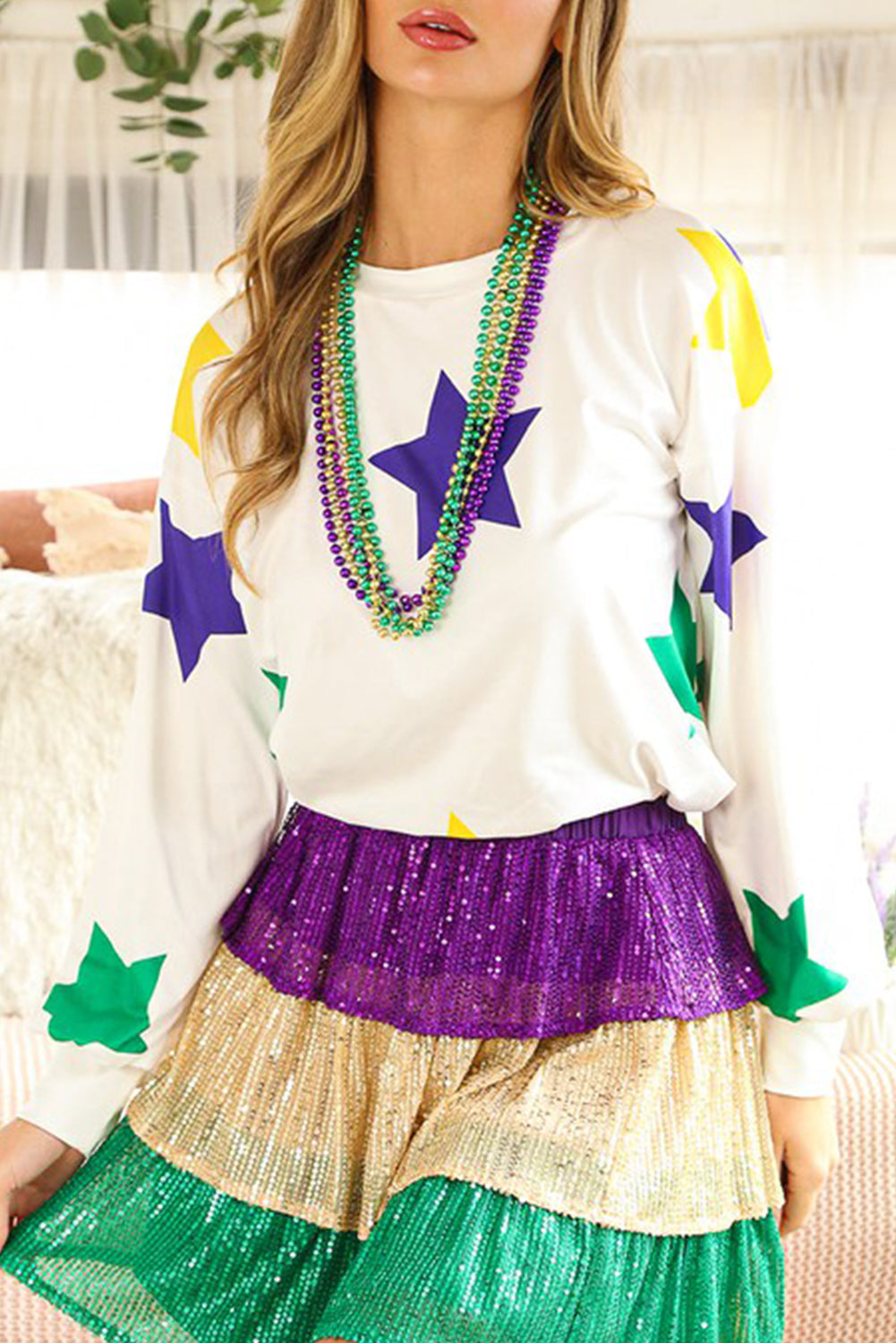 White Mardi Gras Star Printed Long Sleeve Top