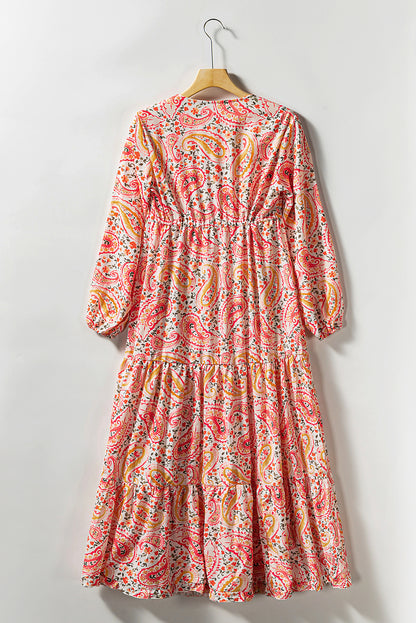 Oranje Boho Holiday Paisley-print gelaagde maxi-jurk met lange mouwen