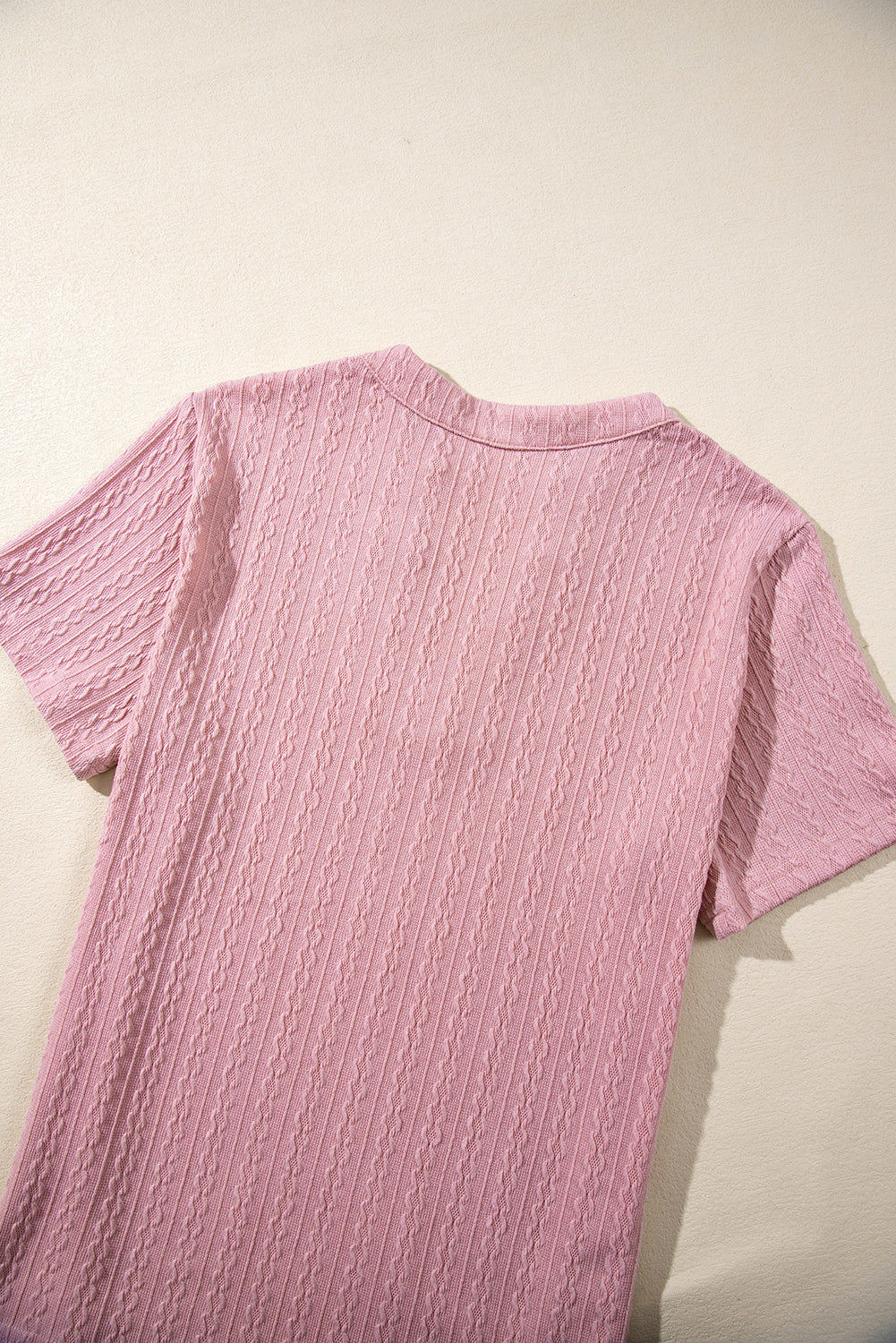 Pink Twisted Textured V Neck Short Sleeve Top