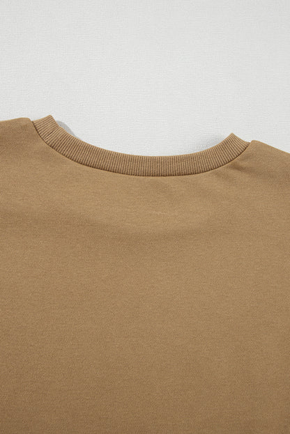 Brown Solid O Neck High Low Hem Pullover Sweatshirt