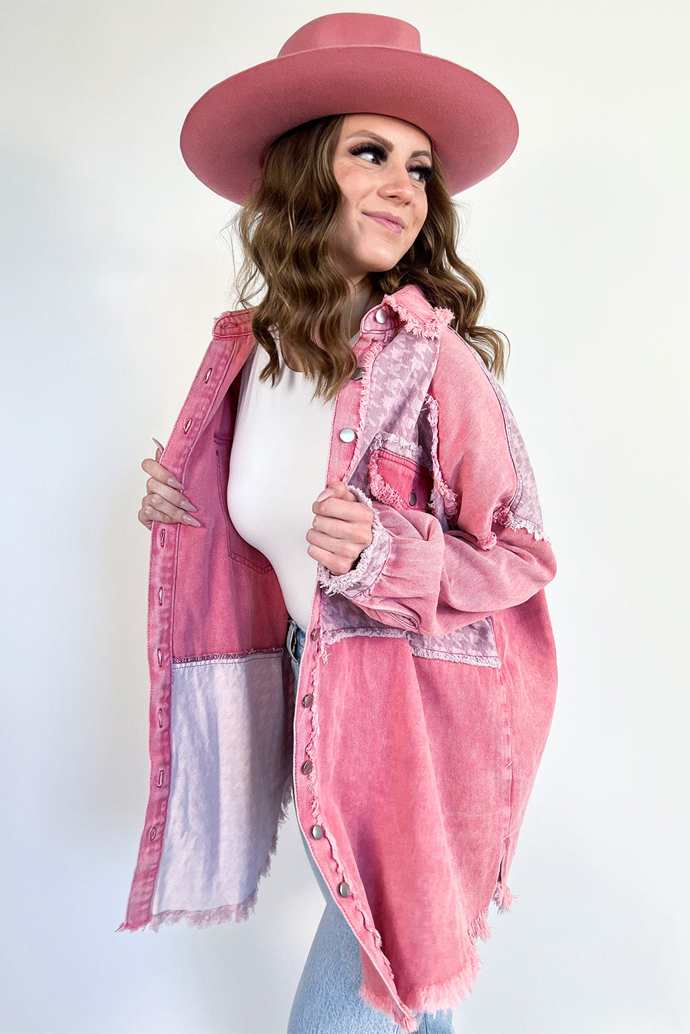 Roze retro denim jack met pied-de-poule patchwork