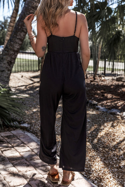 Zwarte Cami-jumpsuit met wijde pijpen, hoge taille, sexy v-hals 