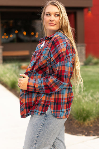 Rood plus size plaid print buttoned shirt