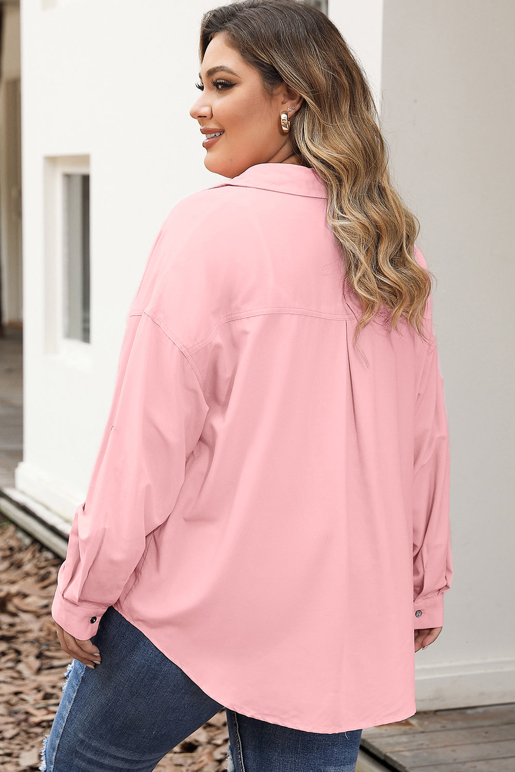 Roze overhemd met klepzak, tab-mouw, button-down en grote maat