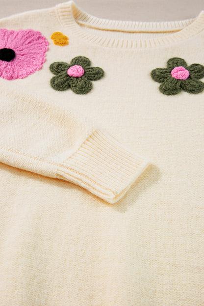 Beige Knitted Flower Pattern Ribbed Edge Sweater