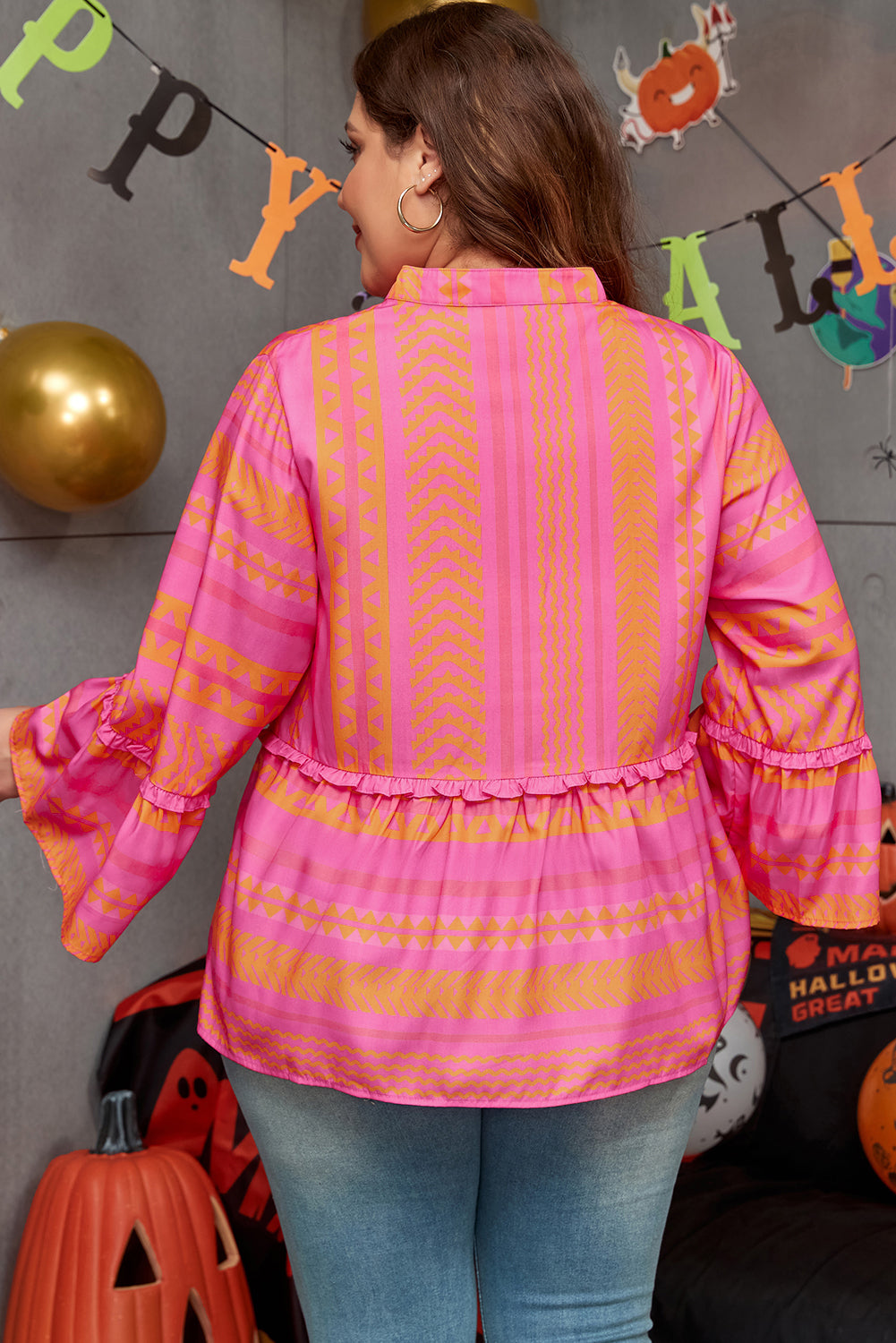 Vitality Orange Plus Size Geometrisch Geborduurd Bell Sleeve Babydoll Blouse