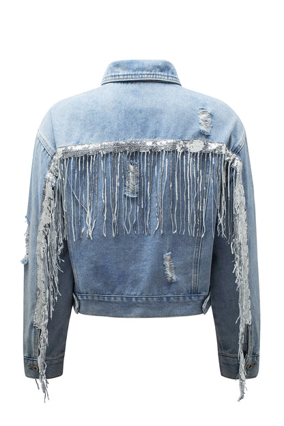 Hemelsblauw, met pailletten verfraaid denim jack met franjes