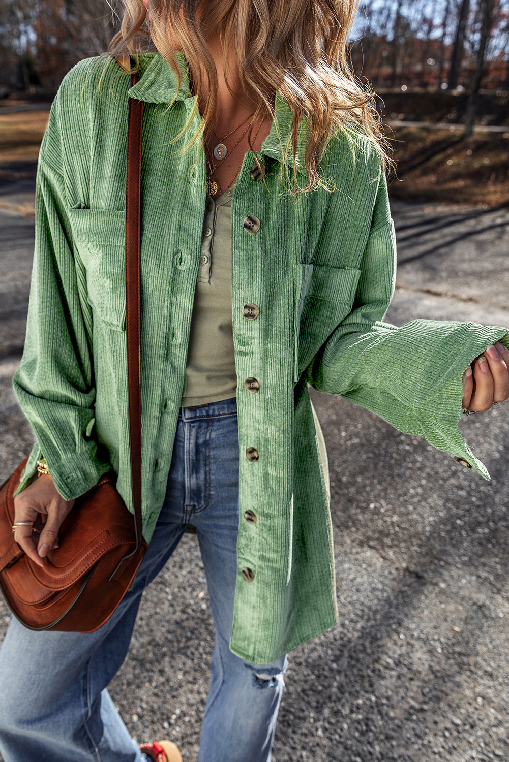 Mist Green Patched Pocket Button Up Corduroy Shacket