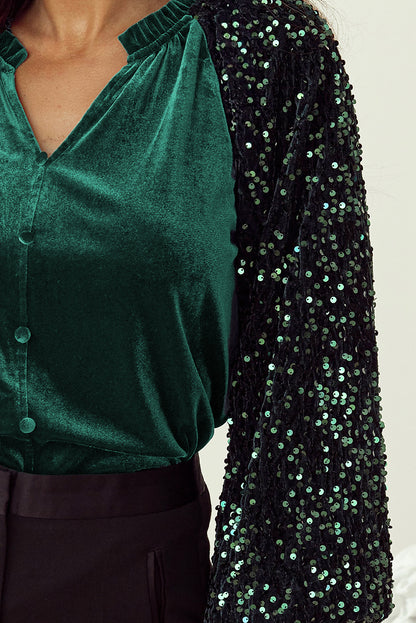 Evergreen Sequin Patchwork Mouw Knoopsluiting Fluwelen Top