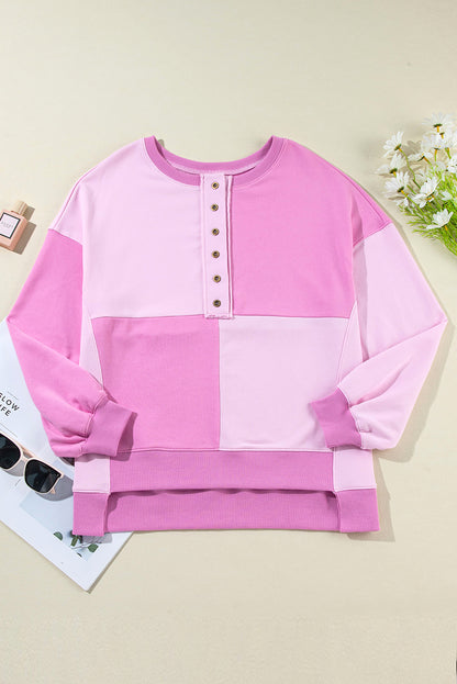 Pink Colorblock Henley High Low Oversize Sweatshirt