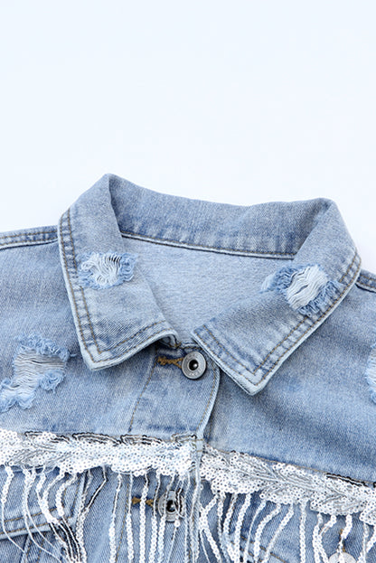 Hemelsblauw, met pailletten verfraaid denim jack met franjes