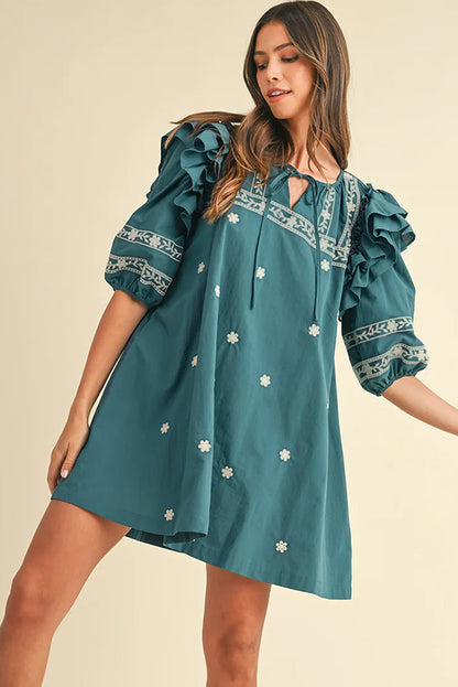 Skobeloff Boho Floral Ruffle Puff Sleeve Lace-Up V Neck Mini Dress