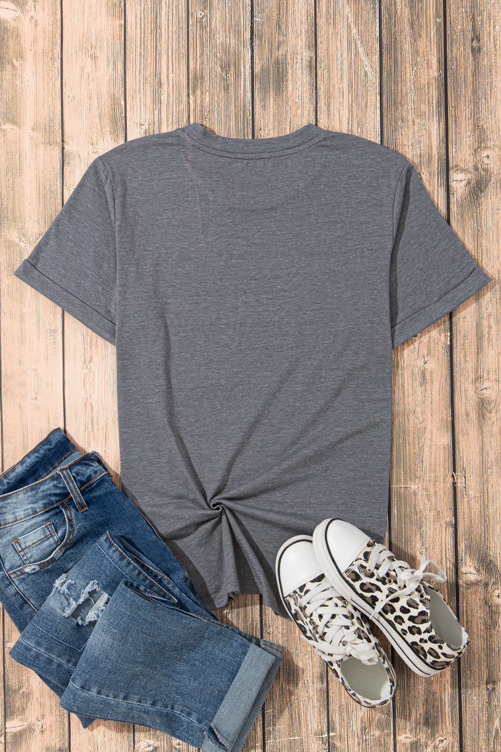 Gray Casual Plain Crew Neck Tee