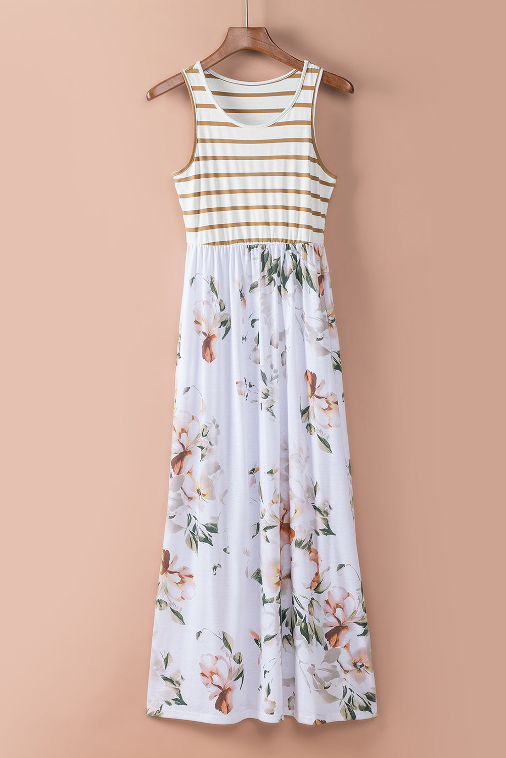 Wit gestreepte mouwloze maxi-jurk met bloemenprint en zak