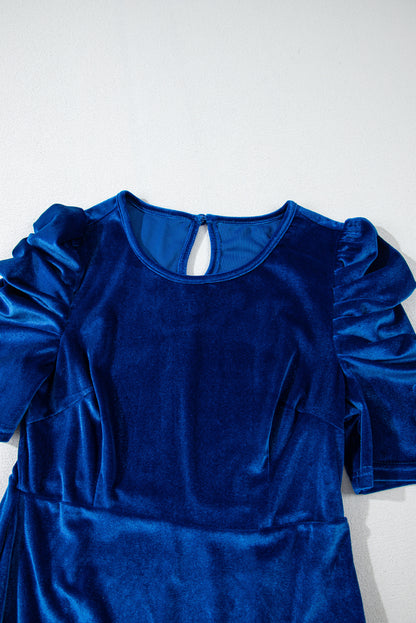 Sail Blue Velvet Gerimpelde Mini-jurk met Korte Mouwen en Zakken