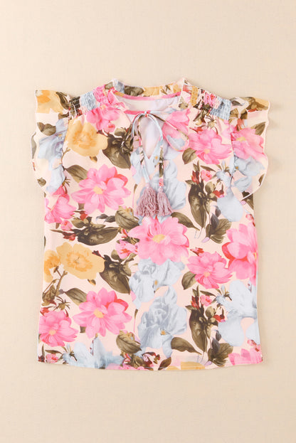 Roze bloemenprint blouse met kwastje en korte mouwen