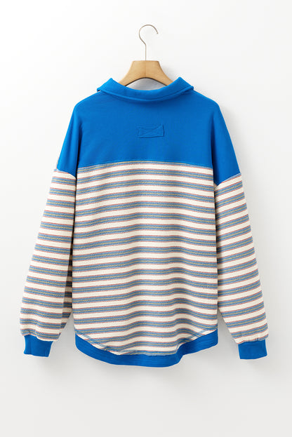 Blue Stripe Buttoned V Neck Collared Drop Shoulder Top