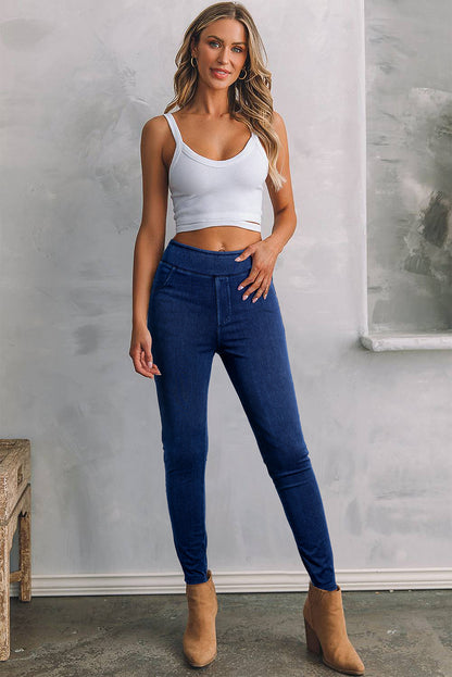 Ashleigh Blauwe Effen Kleur Hoge Taille Rekbare Slim Fit Jeggings