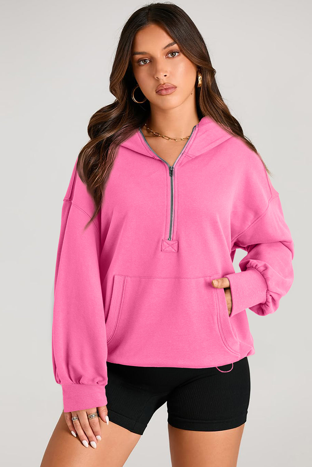 Zwarte massieve kangoeroe -zak half ritssluiting oversized hoodie