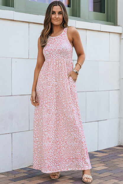 Roze mouwloze maxi-jurk met luipaardprint en zakken