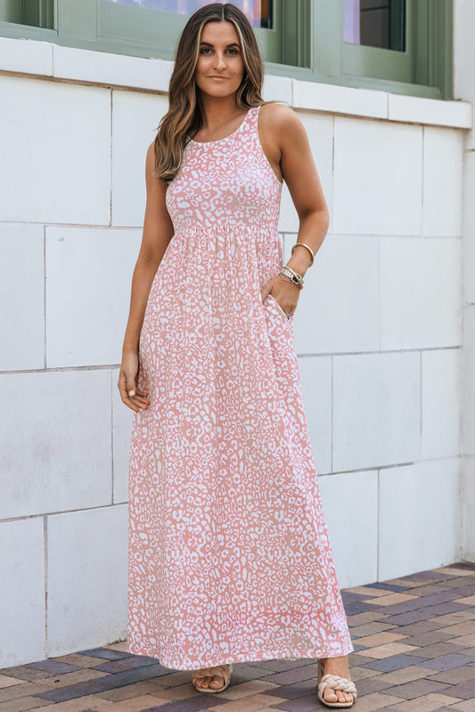 Roze mouwloze maxi-jurk met luipaardprint en zakken