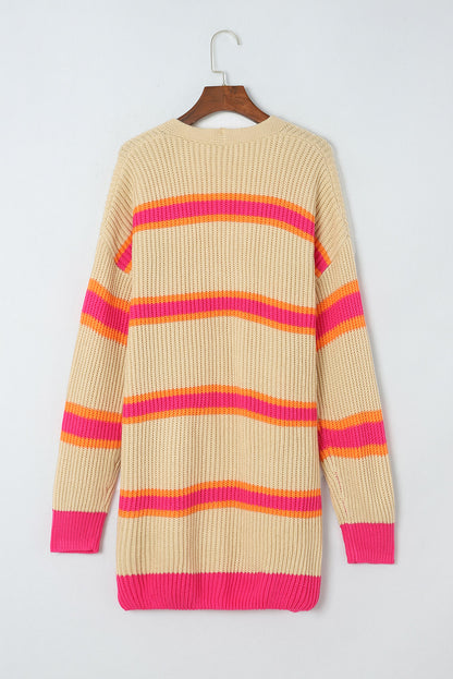 Stripe Printed Ribbed Long Knitted Cardigan