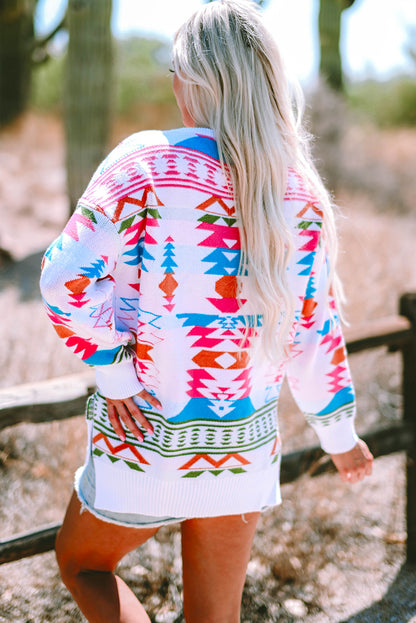 Witte oversized Aztec print high low V-hals trui