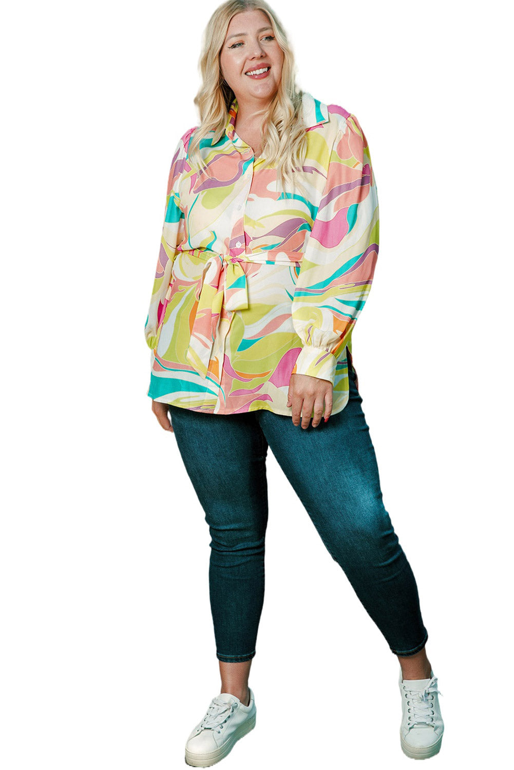 Geel plus maat los tuniekshirt met abstracte print