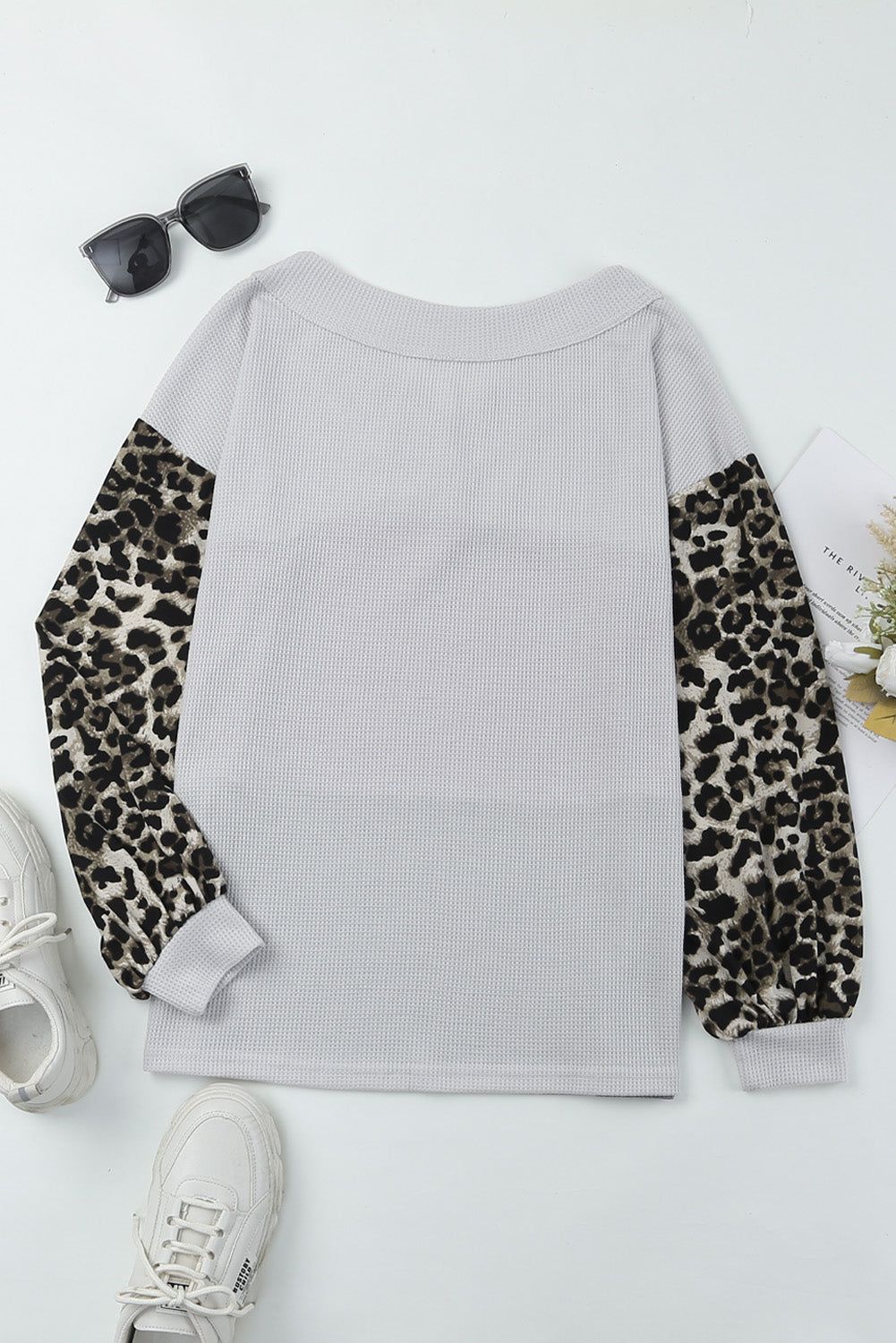 Fiery Red Wild Leopard Contrast Sleeve Colorblock Waffle Knit Top