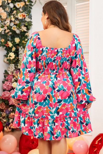 Rozenbloemprint gesmokte vierkante nek plus size jurk