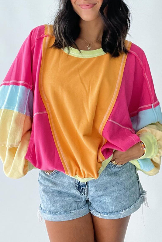 Rozerood plus size colorblock sweatshirt met zichtbare naden en patchwork