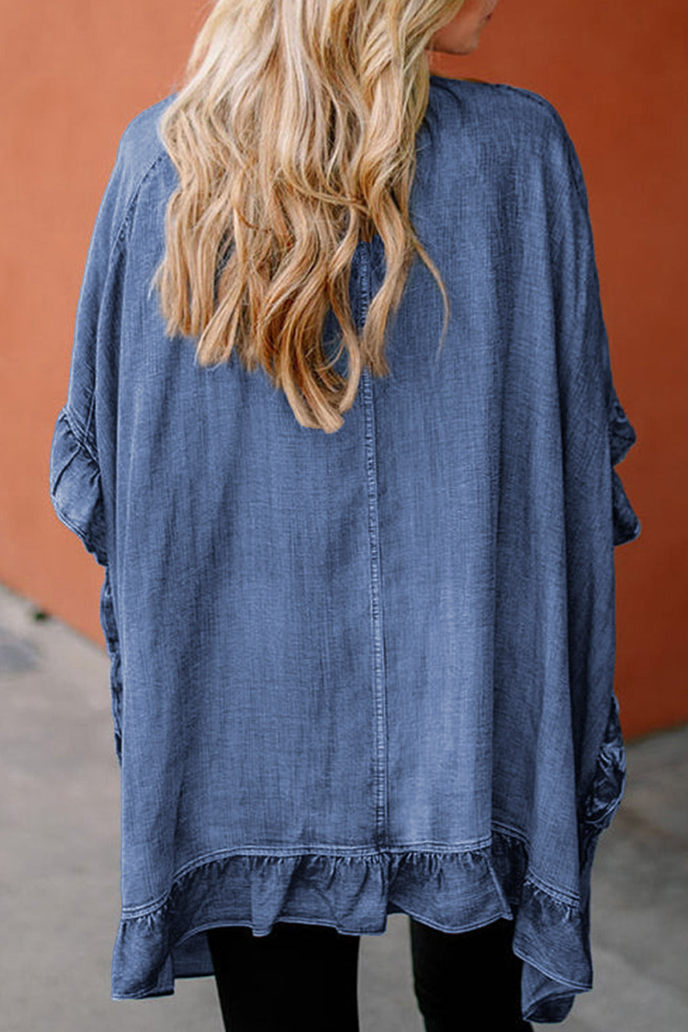 Schemerblauwe Chambray ruches zoom halve mouw open losse kimono