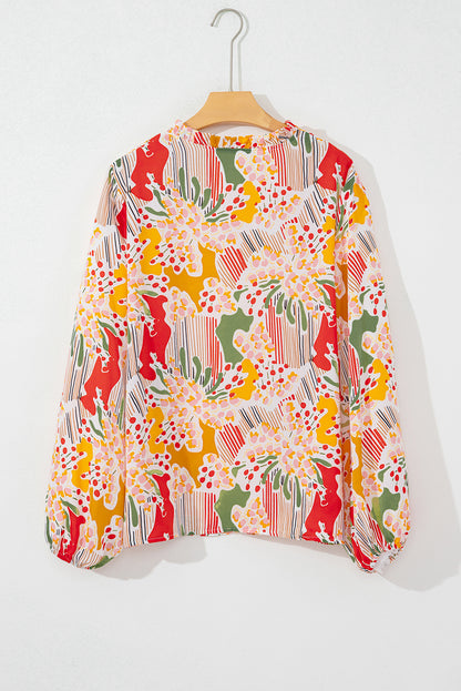 Oranje bedrukte bloemen-abstracte print met ruches en V-hals, grote maat blouse