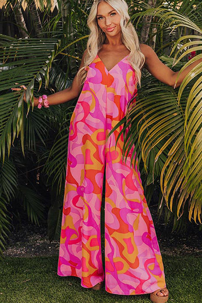 Roze Boho abstracte print V-hals jumpsuit met wijde pijpen