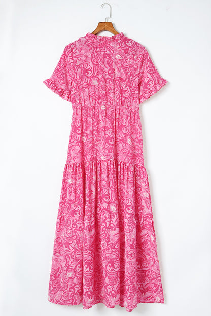 Roze paisley-print Boho Holiday gelaagde maxi-jurk met ruches