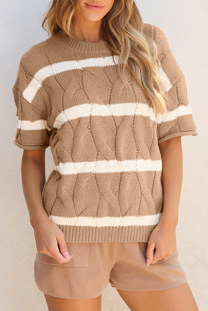 Dark Khaki Striped Cable Short Sleeve Sweater