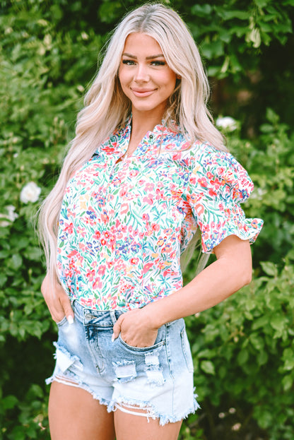 Roze bloemenprint blouse met splithals en pofmouwen