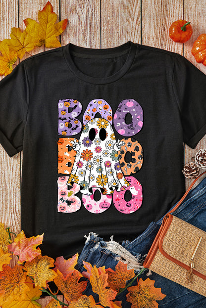 Black Boo Floral Ghost Print Crew Neck Halloween T -shirt