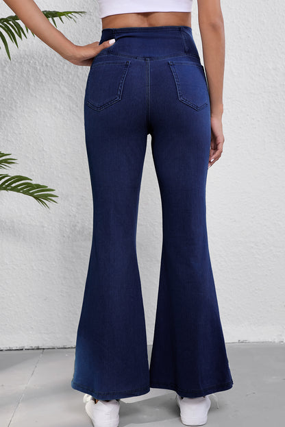 Schemering blauw vastgekruiste taille hoge elastische fit flare jeans