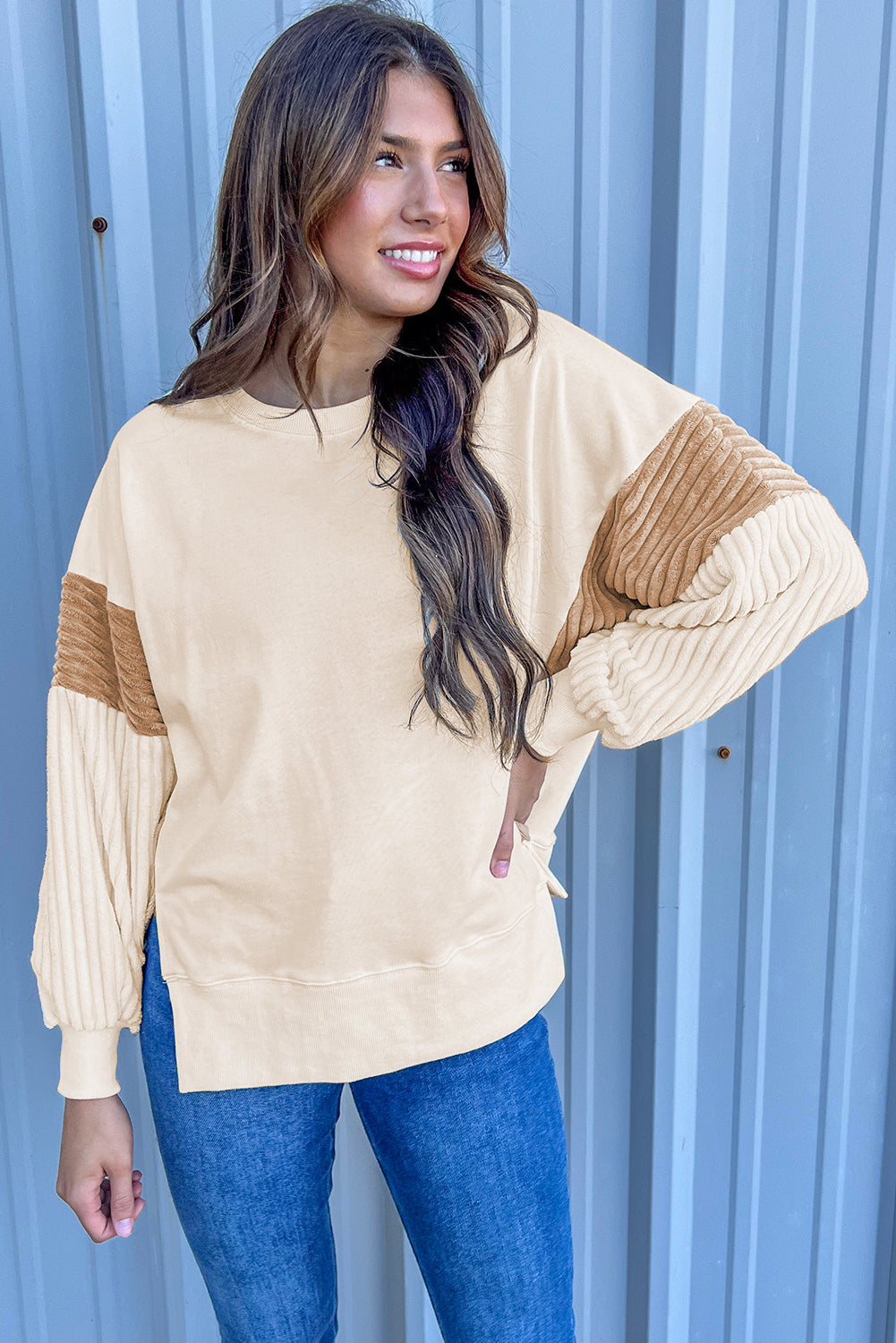 Abrikoos Corduroy Patchwork Drop Shoulder Sweatshirt met Lange Mouwen