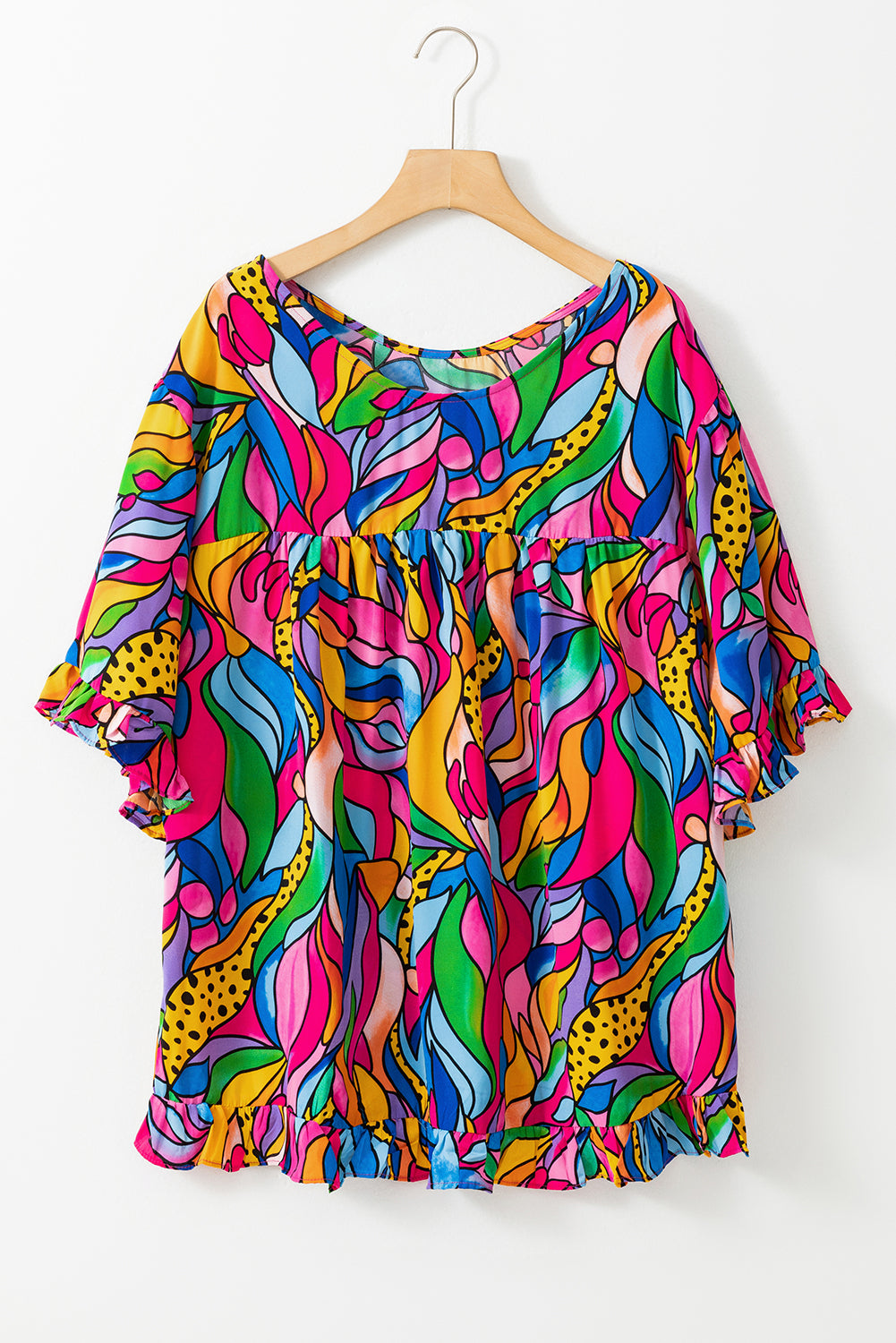 Roze abstracte print plus maat blouse met ruches