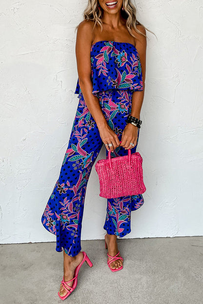 Blauwmix strapless jumpsuit met ruches en tropische print