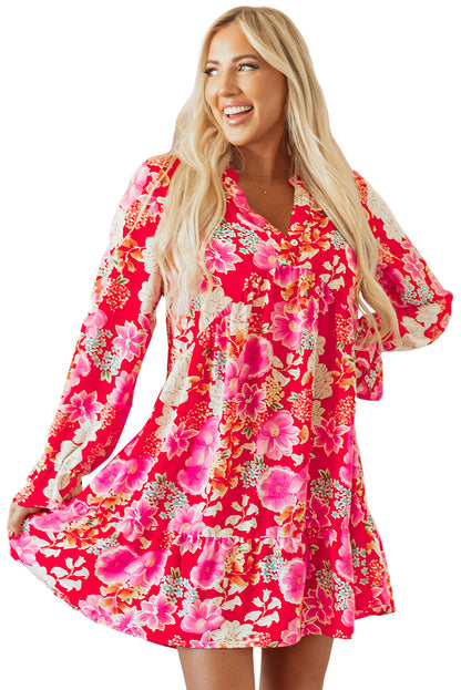 Rode bloemenprint Hoge taille v Nek Babydoll mini -jurk