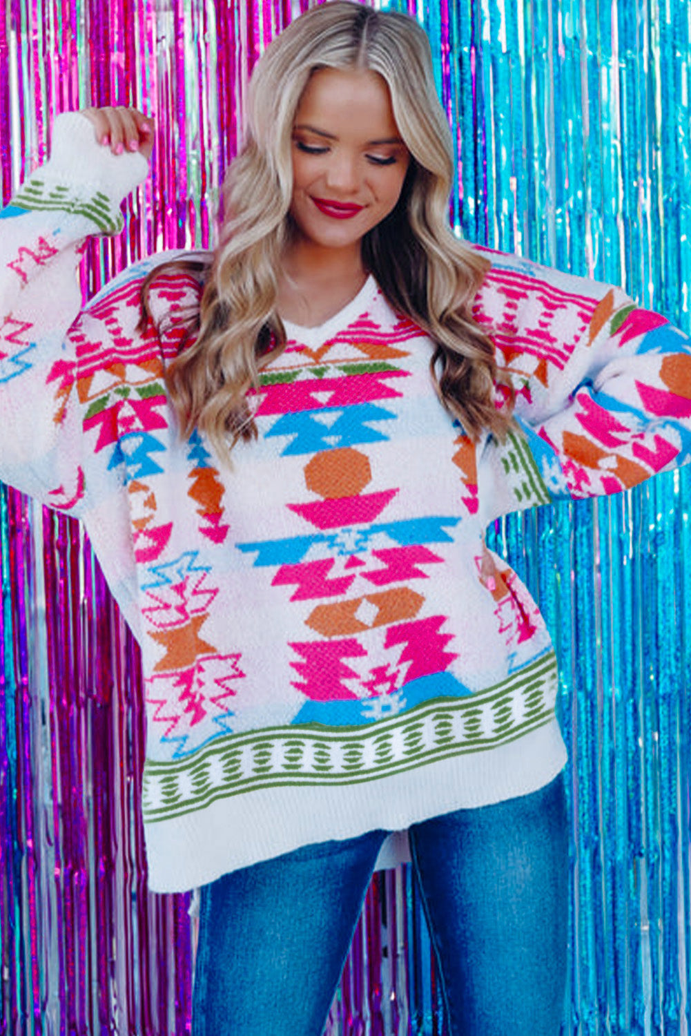 Witte oversized Aztec print high low V-hals trui