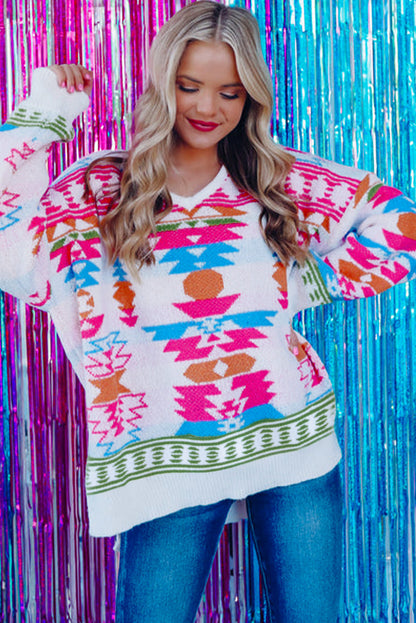 Witte oversized Aztec print high low V-hals trui