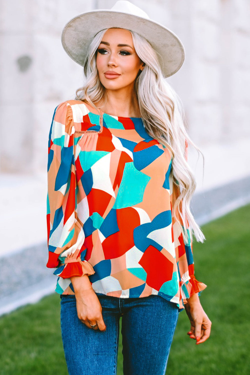 Multicolor Abstract Pattern Crewneck Ruffled Puff Sleeve Blouse