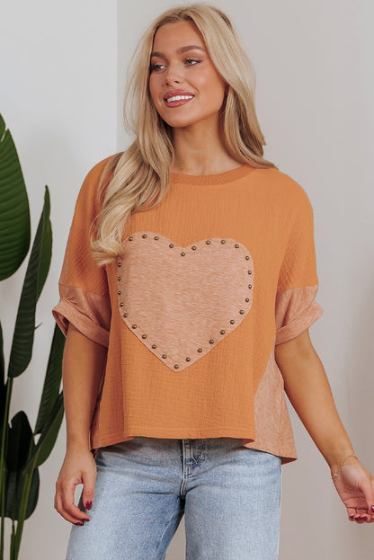 Desert Gold Stud Heart Patch Textured Front Dolman Top