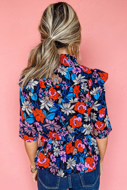 Blauwe bloemenprint ruches peplum top