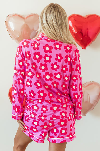 Roze bloemenprint shirt met lange mouwen, shorts, pyjamaset